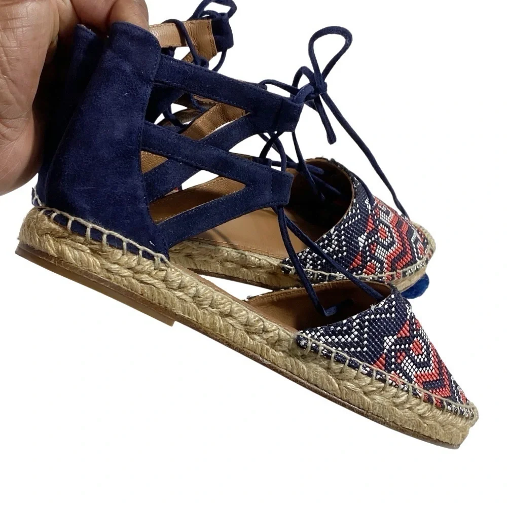 AQUAZZURA Belgravia Blue Suede Pom Pom Raffia Embroidered Woven Espadrilles